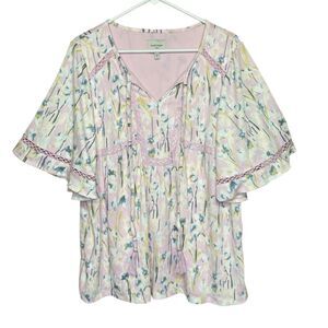 Haute Hippie Blouse Peasant Boho Oversized Flutter Sleeve Tassel Pink Top Small